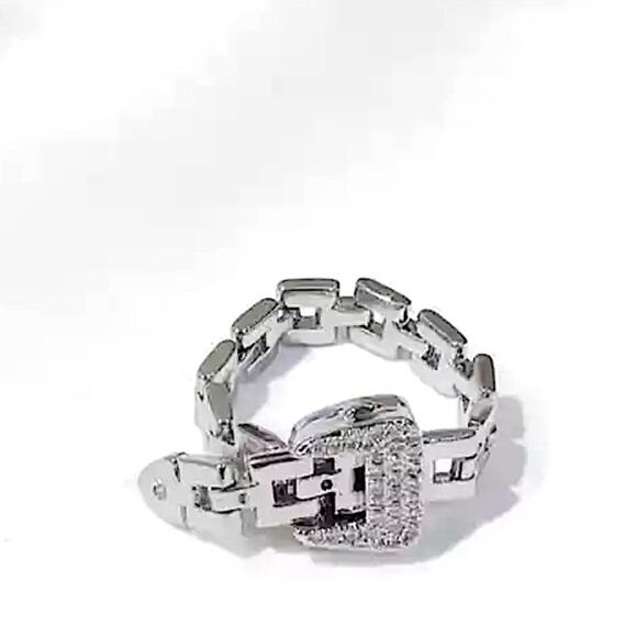 Adjustable Silver Chain Buckle Rhinestone Ring - Picture 8 of 12